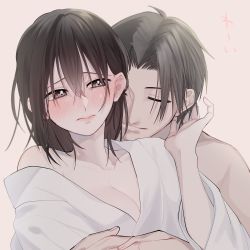 Rule 34 | 1boy, 1girl, aged up, baby (demotsu), bare shoulders, blush, breasts, brown eyes, cleavage, closed mouth, commentary, couple, ear blush, embarrassed, fruits basket, grey hair, hair behind ear, hair over eyes, hand up, hetero, highres, hug, hug from behind, imminent kiss, medium breasts, off shoulder, simple background, smile, souma akito, souma shigure, sweat, symbol-only commentary, upper body