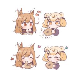 Rule 34 | 2girls, animal ears, arknights, bear ears, black shirt, blonde hair, brown eyes, brown hair, brown jacket, ceobe (arknights), chibi, closed eyes, commentary request, cookie, cropped torso, ear wiggle, food, fukarinchi, gummy (arknights), hair ornament, hairclip, highres, holding, holding food, jacket, long sleeves, multiple girls, orange eyes, puffy long sleeves, puffy sleeves, sailor collar, school uniform, serafuku, shirt, simple background, translation request, twintails, upper body, white background, white sailor collar