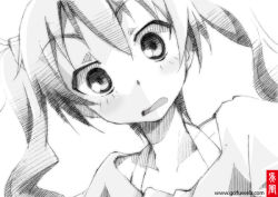 Rule 34 | 1girl, dutch angle, female focus, gofu, greyscale, mayo chiki!, monochrome, open mouth, sketch, solo, spot color, traditional media, twintails, upper body, usami masamune, wavy mouth, white background