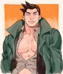 Rule 34 | 1boy, abs, ace attorney, bandaid, bandaid on cheek, bandaid on face, bara, bare pectorals, blush, chest hair, coat, dick gumshoe, facial hair, green coat, highres, large pectorals, male focus, mature male, midriff peek, muscular, muscular male, navel, navel hair, nipples, nitako, open clothes, open shirt, pectorals, short hair, smile, solo, spiked hair, stubble, upper body