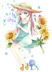 Rule 34 | 1girl, anchor, bad id, bad pixiv id, bare arms, bare shoulders, blue eyes, blue ribbon, blush, breasts, brown footwear, closed mouth, collarbone, commentary, dress, flower, food, full body, green dress, hat, hat ribbon, head tilt, highres, holding, ice, ice cube, long hair, looking at viewer, original, popsicle, ramune, ribbon, sandals, sitting, sleeveless, sleeveless dress, smile, solo, straw hat, sunflower, symbol-only commentary, tsukiyo (skymint), very long hair, white background, wind chime, yellow flower