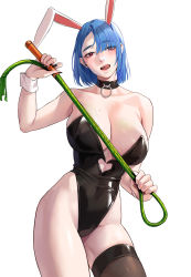 Rule 34 | 1girl, :q, animal ears, armpit crease, asymmetrical bangs, bare arms, bare shoulders, black choker, black leotard, black nails, black thighhighs, blue hair, breasts, choker, cleavage, cocoro moto, collarbone, commentary, contrapposto, covered navel, curvy, english commentary, eyelashes, fake animal ears, fingernails, groin, highleg, highleg leotard, highres, holding, holding whip, large breasts, leotard, long fingernails, looking at viewer, mole, mole on breast, nail polish, open mouth, original, playboy bunny, rabbit ears, red eyes, shiny skin, short hair, sidelighting, sidelocks, simple background, single thighhigh, skindentation, solo, standing, strapless, strapless leotard, thighhighs, tongue, tongue out, whip, white background, wide hips, wrist cuffs
