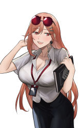 Rule 34 | 1girl, black skirt, breasts, collared shirt, earrings, eyewear on head, girls&#039; frontline, griffin &amp; kryuger, hair ornament, hairclip, highres, jewelry, la13, large breasts, long hair, mole, mole under eye, neck tattoo, office lady, red eyes, red eyewear, red hair, shirt, short sleeves, sig mcx (girls&#039; frontline), skirt, solo, spade (shape), spade earrings, tattoo, very long hair, white shirt