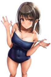 Rule 34 | 1girl, black hair, blue one-piece swimsuit, breasts, brown eyes, cleavage, commentary request, competition school swimsuit, covered navel, feet out of frame, from above, highres, low twintails, medium breasts, medium hair, one-piece swimsuit, original, school swimsuit, simple background, solo, standing, swimsuit, tan, tanline, twintails, white background, yukemuriganmo