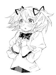 Rule 34 | 1girl, blouse, blush, clenched hands, cropped torso, dot nose, facing away, flat chest, frown, furrowed brow, greyscale, hair between eyes, hair ribbon, hands on own chest, hands up, high collar, juliet sleeves, kaname madoka, kyou zuki, long sleeves, looking afar, mahou shoujo madoka magica, mahou shoujo madoka magica (anime), mitakihara school uniform, monochrome, neck ribbon, parted lips, plaid, puffy sleeves, ribbon, scared, school uniform, shirt, short twintails, simple background, solo, tareme, twintails, upper body, white background, wide-eyed