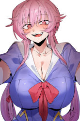 Rule 34 | 1girl, blush, bow, breasts, cleavage, commentary, gasai yuno, grin, highres, huge breasts, long hair, looking at viewer, mirai nikki, ningensei, open mouth, pink eyes, pink hair, red eyes, school uniform, sidelocks, smile, solo, twintails, upper body, white background