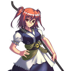 Rule 34 | 1girl, bad id, bad pixiv id, belt, dress, female focus, hair bobbles, hair ornament, jonylaser, onozuka komachi, red eyes, red hair, short hair, simple background, smile, solo, staff, touhou, twintails, two side up, white background