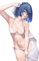 Rule 34 | 1girl, absurdres, bare shoulders, bikini, blue eyes, blue hair, braid, breasts, chinese commentary, collarbone, commentary, ederh, genshin impact, highres, large breasts, looking at viewer, navel, open mouth, shadow, short hair, side-tie bikini bottom, simple background, solo, stomach, swimsuit, white background, white bikini, yelan (genshin impact)