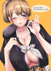 Rule 34 | 1girl, belt, blue eyes, blush, breasts, brown hair, cleavage, collarbone, english text, fingers together, grey neckerchief, half-closed eye, heart, highres, huge breasts, intrepid (kancolle), kantai collection, looking at viewer, miyamoto rizu, neck pillow, neckerchief, one eye closed, open clothes, open mouth, open shirt, orange background, ponytail, saliva, shirt, short sleeves, simple background, solo, upper body