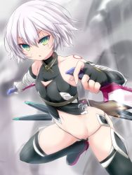 Rule 34 | &gt;:o, 1girl, :o, bandaged arm, bandages, bare shoulders, black gloves, black panties, black thighhighs, dagger, dual wielding, fate/apocrypha, fate (series), fingerless gloves, gloves, green eyes, hair between eyes, highres, holding, holding weapon, jack the ripper (fate/apocrypha), knife, looking at viewer, nanaume (shichimi tougarashi), navel, panties, scar, scar across eye, scar on face, short hair, silver hair, single glove, solo, stomach, thighhighs, underwear, v-shaped eyebrows, weapon