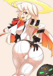 Rule 34 | 1girl, ahoge, arc system works, ass, ball and chain restraint, blonde hair, bodysuit, breasts, cameltoe, candy, fingernails over gloves, food, from behind, gloves, guilty gear, guilty gear xrd, guilty gear xrd: revelator, halo, hand on ass, highres, huge ass, jack-o&#039; valentine, large breasts, lollipop, long hair, looking at viewer, multicolored hair, open mouth, red eyes, sideboob, skin tight, smile, solo, tongue, tongue out, uto, very long hair, white hair