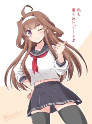 Rule 34 | 1girl, ahoge, alternate costume, anchor symbol, black sailor collar, black skirt, black thighhighs, brown hair, commentary request, cowboy shot, double bun, hair bun, hairband, kantai collection, kongou (kancolle), long hair, looking at viewer, navel, neckerchief, one-hour drawing challenge, one eye closed, pleated skirt, purple eyes, red neckerchief, sailor collar, school uniform, serafuku, shizuna kaede, skirt, smile, solo, standing, thighhighs, translation request, twitter username, two-tone background, white hairband