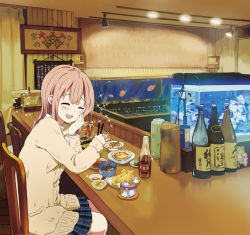 Rule 34 | 1girl, :d, ^ ^, aquarium, blonde hair, bottle, bowl, cardigan, chair, chopsticks, closed eyes, cup, drinking glass, closed eyes, food, foodgasm, hand on own cheek, hand on own face, indoors, open mouth, original, plaid, plaid skirt, ragho no erika, sake bottle, sitting, skirt, smile, solo, sparkle, stool, sweater