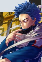 Rule 34 | 1boy, bags under eyes, blue eyes, blue hair, boku no hero academia, commentary request, frown, half-closed eyes, highres, long sleeves, male focus, industrial pipe, scarf, shinsou hitoshi, solo, spiked hair, u.a. gym uniform, upper body, white background, white neckwear, yellow background, yomoyama yotabanashi
