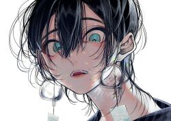 Rule 34 | 1boy, bishounen, black hair, blue eyes, close-up, earrings, glowing, hair between eyes, jewelry, konpeitou (pixiv37354724), looking at viewer, male focus, mole, mole under mouth, original, parted lips, piercing, portrait, sidelocks, simple background, solo, summer, wide-eyed, wind chime