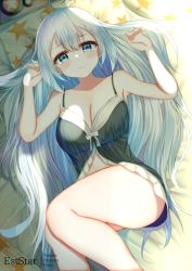 Rule 34 | 1girl, arms up, aties20, babydoll, bare arms, bare shoulders, blue eyes, blush, breasts, cleavage, closed mouth, collarbone, commentary request, feet out of frame, grey hair, hair between eyes, kizuna akari, long hair, looking at viewer, medium breasts, navel, solo, star (symbol), star print, underwear, underwear only, very long hair, voiceroid