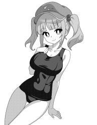 Rule 34 | 1girl, bare legs, bare shoulders, barefoot, closed mouth, collarbone, flat cap, greyscale, hair bobbles, hair ornament, hat, kawashiro nitori, looking at viewer, monochrome, one-piece swimsuit, onkn sxkn, short hair, simple background, smile, solo, swimsuit, touhou, two side up, white background