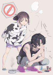 Rule 34 | 1boy, 1girl, :t, absurdres, anger vein, animal print, ashtray, black eyes, black hair, black shirt, blue pants, brother and sister, brown hair, chain, chain necklace, cigarette, cigarette pack, closed mouth, commentary request, cow print, earclip, earrings, english text, goshichi shoji, hair ornament, highres, hitting, holding, holding lighter, jewelry, lighter, long sleeves, looking at another, necklace, no smoking, ookawa ina, ookawa suzuri, original, pants, parted bangs, pink footwear, pout, print shirt, ring, shirt, short hair, short ponytail, shoulder tattoo, siblings, simple background, slippers, speech bubble, spoken no symbol, spoken symbol, squatting, strap, stud earrings, tank top, tattoo, x hair ornament