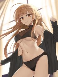 Rule 34 | 1girl, ahoge, backlighting, bare shoulders, black bra, black panties, black shirt, blush, bra, breasts, brown hair, closed mouth, commentary request, contrapposto, cowboy shot, earrings, highres, indoors, jchoy, jewelry, long hair, long sleeves, looking at viewer, medium breasts, navel, off shoulder, open clothes, open shirt, orange eyes, original, panties, shirt, sleeveless, solo, stomach, unbuttoned, unbuttoned shirt, underboob, underwear, very long hair, window