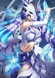 Rule 34 | 1girl, arm up, armor, bare shoulders, blue eyes, breasts, claws, cleavage, clothing request, cowboy shot, detached sleeves, dragon mask, dragon tail, duel monster, glowing, hair ornament, helmet, highres, holding, holding weapon, large breasts, long hair, looking at viewer, masin0201, mask, navel, parted lips, signature, skindentation, solo, stomach, swordsoul of mo ye, tail, teeth, twintails, weapon, white hair, white sleeves, wings, yu-gi-oh!