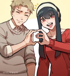 Rule 34 | 1boy, 1girl, :d, among us, artist name, black hair, blonde hair, closed eyes, collared shirt, crewmate (among us), grey sweater, hairband, highres, long hair, meme, nycnouu, open mouth, red eyes, red sweater, shirt, short hair, smile, spy x family, sweatdrop, sweater, twilight (spy x family), upper body, white shirt, yor briar