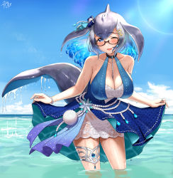 Rule 34 | bare shoulders, black neckwear, blowhole, blue dress, blue eyes, blue whale (kemono friends), blush, cetacean tail, choker, commentary request, dorsal fin, dress, fins, fish tail, gem, glasses, grey hair, highres, jewelry, kemono friends, kemono friends 3, looking at viewer, multicolored clothes, multicolored dress, official alternate costume, one eye closed, partially submerged, pearl (gemstone), short hair, sleeveless, tail, takebi, thigh strap, wading, whale girl, white dress