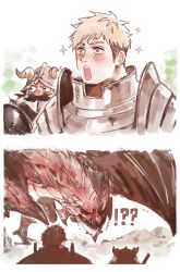 Rule 34 | 2boys, absurdres, armor, blonde hair, blush, commentary, crossover, dokuro deluxe, dragon, dungeon meshi, dwarf, facial hair, fake horns, helmet, highres, horns, laios touden, male focus, monster hunter (series), multiple boys, mustache, open mouth, plate armor, rathalos, red scales, senshi (dungeon meshi), sharp teeth, short hair, sparkle, symbol-only commentary, teeth, wings, wyvern, yellow eyes
