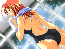 Rule 34 | 00s, 1girl, ass, back, backless swimsuit, competition school swimsuit, crossback, from behind, green eyes, kimi ga nozomu eien, long hair, one-piece swimsuit, red hair, school swimsuit, solo, suzumiya akane, swimsuit, towel