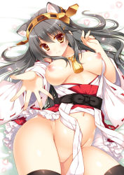 Rule 34 | 1girl, animal ears, ass, black hair, boots, breasts, brown eyes, cat ears, cowboy shot, detached sleeves, hair ornament, hairband, hairclip, haruna (kancolle), headgear, kantai collection, large breasts, long hair, looking at viewer, lying, navel, nipples, nontraditional miko, on back, outstretched arm, red skirt, shigunyan, skirt, smile, solo, thigh boots, thighhighs