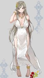 Rule 34 | 1girl, bare shoulders, blush, bracelet, breasts, brown eyes, brown hair, cleavage, collarbone, dress, elf, full body, hair ornament, highres, jewelry, large breasts, long hair, necklace, original, pelvic curtain, pointy ears, solo, swept bangs, takeashiro, white dress