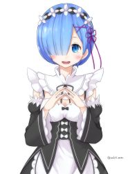 Rule 34 | 10s, 1girl, :d, blue eyes, blue hair, breasts, cleavage, commentary request, detached sleeves, hair over one eye, highres, looking at viewer, maid, maid headdress, open mouth, re:zero kara hajimeru isekai seikatsu, rem (re:zero), short hair, simple background, smile, solo, twitter username, white background, yuuki kazuhito
