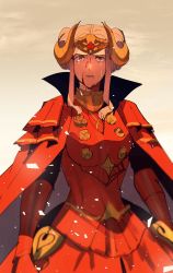 Rule 34 | 1girl, armor, bad id, bad twitter id, blonde hair, blood, blue eyes, cape, crown, edelgard von hresvelg, fire emblem, fire emblem: three houses, gloves, hair ornament, highres, horns, jewelry, kendy (revolocities), long hair, looking at viewer, nintendo, simple background, solo, tears