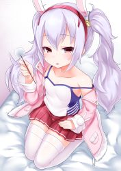 Rule 34 | 1girl, animal ears, azur lane, bed sheet, blush, breasts, camisole, collarbone, fingernails, fur-trimmed jacket, fur trim, grey hair, hair between eyes, hair ornament, hairband, heart, highres, holding, jacket, kirisame mia, laffey (azur lane), lap pillow invitation, long sleeves, looking at viewer, mimikaki, open clothes, open jacket, parted lips, pink jacket, pleated skirt, rabbit ears, red eyes, red hairband, red skirt, seiza, sitting, skirt, sleeves past wrists, small breasts, smile, solo, strap slip, thighhighs, twintails, white camisole, white thighhighs