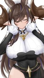 Rule 34 | 1girl, animal ears, blush, breasts, brown hair, commission, detached sleeves, frilled sleeves, frills, galleon (granblue fantasy), granblue fantasy, hands on own face, highres, horns, huge breasts, long hair, multicolored hair, nuclear82, pointy ears, smile, solo, streaked hair, very long hair