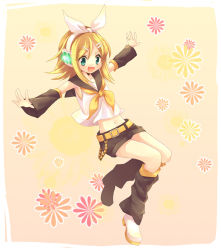 Rule 34 | bad id, bad pixiv id, bare shoulders, blonde hair, detached sleeves, green eyes, kagamine rin, retei, ribbon, shorts, smile, solo, vocaloid