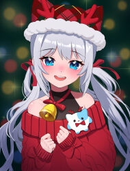 Rule 34 | 1girl, absurdres, animal ears, bell, blue eyes, blurry, blush, bokeh, cat ears, christmas, commentary, depth of field, fang, fur-trimmed headwear, fur trim, gosegu, hair ribbon, hair rings, highres, long hair, long sleeves, looking at viewer, low twintails, neck bell, off-shoulder sweater, off shoulder, open mouth, plaid headwear, prock, ribbon, shirt, sleeveless, sleeveless shirt, sleeves past wrists, smile, solo, sparkle, sweater, twintails, upper body, virtual youtuber, waktaverse, white hair