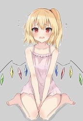 Rule 34 | 1girl, @ @, barefoot, blonde hair, blush, collarbone, dress, fang, flandre scarlet, highres, nightgown, nono54558, one-hour drawing challenge, one side up, open mouth, pink dress, red eyes, short hair, side ponytail, solo, thighs, touhou, vampire, wings