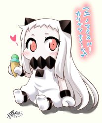 Rule 34 | 10s, chibi, collar, commentary request, contemporary, covered mouth, food, heart, horns, ice cream, ice cream cone, kantai collection, long hair, mittens, northern ocean princess, on floor, orange eyes, sidelocks, sleeveless, socks, solo, translation request, very long hair, yamato nadeshiko