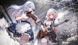 Rule 34 | 2girls, absurdres, apron, azur lane, bare shoulders, blunt bangs, breasts, cleavage, closed mouth, cowboy shot, dido (azur lane), dress, electric guitar, expressionless, grey hair, guitar, highres, holding instrument, holding violin, instrument, large breasts, long hair, looking at viewer, multiple girls, music, pink hair, playing instrument, red eyes, rff (3 percent), short sleeves, sirius (azur lane), skirt, stage, thighhighs, underboob, violin, waist apron, zettai ryouiki