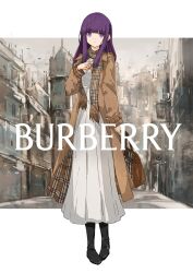 Rule 34 | 1girl, absurdres, bag, black footwear, blunt bangs, boots, brown bag, brown coat, brown scarf, burberry (brand), coat, commentary request, contemporary, dress, expressionless, fern (sousou no frieren), full body, hand up, handbag, highres, letterboxed, long hair, long sleeves, looking at viewer, outdoors, plaid, plaid scarf, product placement, purple eyes, purple hair, scarf, solo, sousou no frieren, t.k.c, two-sided coat, two-sided fabric, white dress