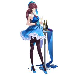 Rule 34 | 1girl, bare shoulders, black survival, blue dress, blue flower, blue footwear, blue rose, blue skirt, bottle, breasts, brown hair, choker, cleavage, cup, dress, drill hair, drill ponytail, drinking glass, eternal return: black survival, fiora pellerin, flower, from side, full body, gold choker, grapefruit, green eyes, hair between eyes, hair flower, hair ornament, high heels, highres, holding, holding cup, long hair, medium breasts, official alternate costume, official alternate hairstyle, official art, pantyhose, parted lips, petals, ponytail, rose, see-through, see-through cleavage, simple background, skirt, sleeveless, sleeveless dress, standing, star (symbol), table, tablecloth, very long hair, white background, white skirt, wine bottle, wine glass, wrist cuffs