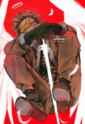 Rule 34 | 1boy, arms on knees, belt, black legwear, blonde hair, boku no hero academia, boots, costume, facial mark, feathered wings, feathers, from below, full body, fur-trimmed jacket, fur trim, gloves, halo, hawks (boku no hero academia), head tilt, headphones, jacket, kadeart, looking at viewer, male focus, own hands together, red background, rimless eyewear, shirt, short hair, solo, squatting, sunburst, sword, tight clothes, tight shirt, tinted eyewear, twitter username, weapon, white feathers, white wings, wings, yellow eyes