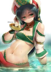 Rule 34 | 1girl, arm support, arm up, artist name, bikini, breasts, cleavage, green eyes, half-closed eyes, hand on own head, highres, long hair, low twintails, medium breasts, midriff, namco, navel, shaded face, soul calibur, swimsuit, talim, thong bikini, twintails, underboob, water, wet, yotastar