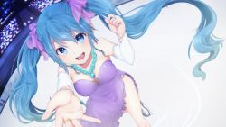 Rule 34 | 1girl, blue eyes, dress, floating hair, green hair, hatsune miku, highres, ice skates, ice skating, jewelry, long hair, looking at viewer, necklace, open mouth, outstretched arm, purple dress, skates, skating, solo, very long hair, vocaloid