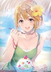 Rule 34 | 1girl, :d, absurdres, aomi haru, bare arms, bare shoulders, beach, blonde hair, blue sky, blush, bracelet, breasts, brown eyes, chitose-kun wa ramune bin no naka, cloud, collarbone, day, eyebrows, flower, food, hair flower, hair ornament, hand up, highres, holding, holding spoon, jewelry, long hair, looking at viewer, official art, open mouth, ponytail, round teeth, second-party source, sidelocks, sky, small breasts, smile, solo, spoon, teeth, textless version, tongue, upper teeth only, weee (raemz)