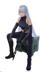 Rule 34 | 1girl, absurdres, ak-15, ak-15 (girls&#039; frontline), assault rifle, black footwear, black gloves, black pants, boots, breasts, closed mouth, cozie178, crate, expressionless, full body, girls&#039; frontline, gloves, grey hair, gun, hair over one eye, highres, holding, holding gun, holding weapon, kalashnikov rifle, long hair, looking at viewer, medium breasts, pants, purple eyes, rifle, simple background, sitting, solo, weapon, white background