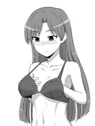 Rule 34 | 1girl, abs, bra, breast conscious, breast envy, collarbone, flat chest, greyscale, highres, idolmaster, idolmaster (classic), itou yuuji, kisaragi chihaya, lingerie, long hair, monochrome, navel, oversized breast cup, oversized clothes, simple background, solo, tears, underwear, underwear only, white background