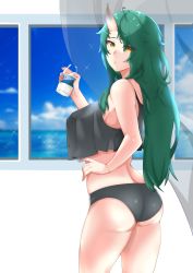 Rule 34 | 1girl, absurdres, arknights, ass, bare arms, bare shoulders, black panties, blue sky, bottle, breasts, camisole, cloud, commentary, cowboy shot, crop top, crop top overhang, curtains, eyes visible through hair, green hair, hair over one eye, hand on own hip, hand up, highres, holding, holding bottle, horns, hoshiguma (arknights), large breasts, lion space, long hair, looking at viewer, midriff, milk, panties, single horn, sky, solo, spaghetti strap, standing, thighs, underwear, very long hair, wedgie, window, yellow eyes