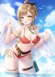 Rule 34 | 1girl, :d, arm strap, atelier (series), atelier ryza, atelier ryza 1, belt, belt buckle, bikini, bird, black hairband, blue sky, bow hairband, breasts, brown belt, brown eyes, brown hair, buckle, cloud, collarbone, commentary request, day, green ribbon, hair ornament, hairband, hairclip, highres, holding, holster, kohinata hoshimi, large breasts, leaning forward, looking at viewer, navel, neck ribbon, o-ring, o-ring bikini, ocean, official art, open mouth, outdoors, partially submerged, red bikini, reisalin stout, ribbon, short hair, sky, smile, solo, swimsuit, thigh holster, thigh strap, wading, white bird