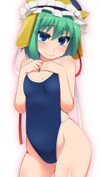 Rule 34 | 1girl, bad id, bad pixiv id, blue eyes, body blush, collarbone, commentary request, competition school swimsuit, competition swimsuit, green hair, hat, hat ribbon, hayashi custom, highres, looking at viewer, lovestruck, one-piece swimsuit, playing with own hair, ribbon, school swimsuit, shiki eiki, smile, solo, swimsuit, touhou